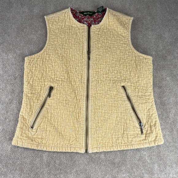 Eddie Bauer Jackets & Blazers - Eddie Bauer VTG Quilted Corduroy Vest Women S Beige Floral Lining‎ Zip Pockets